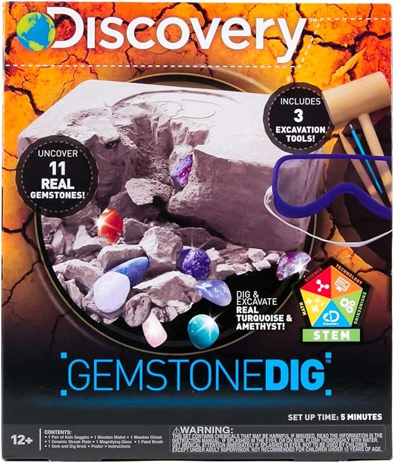 Discovery Kids Gemstone Dig Stem Science Kit by Horizon Group Usa, Excavate, Dig & Reveal 11 Real Gemstones, Includes Goggles, Excavation Tools, Streak Plate, Magnifying Glass & More