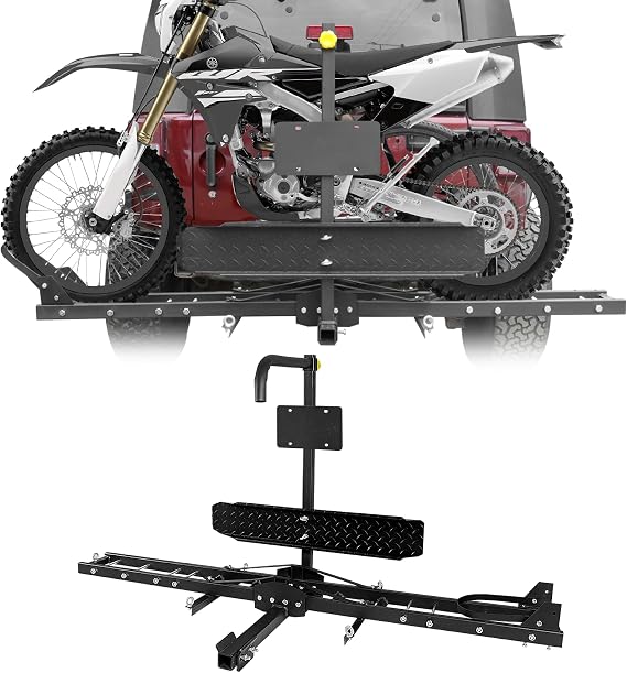 Motorcycle Hitch Carrier, 500LBS Heavy Duty Steel Dirt Bike Hauler Hitch Mount Rack with Loading Ramp, Anti-Tilt Locking Device for Truck, Car or SUV with 2" Hitch Receiver