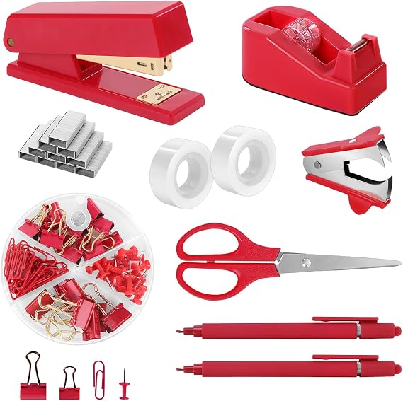 SKYDUE Office Supplies Set Red Desk Accessories Stapler Tape Dispenser Scissors Binder Paper Clips 1000 Pcs Staples Office Decoration for Women