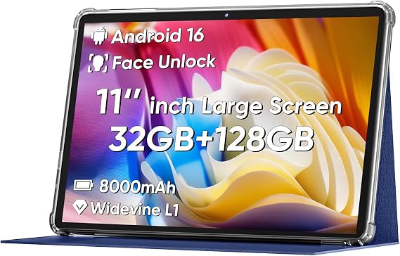COLORROOM 2026 Android16 Tablet 11inch, Face Unlock, 18W Fast Charge,Blue | 32GB+128GB+1TB Expand, Octa-core CPU, 8000mAh Large Battery, WiFi6, Touchscreen Display, Widevine L1 Tableta