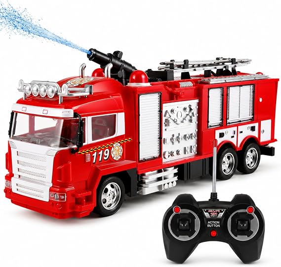 RC Rescue Remote Control Fire Engine Truck That Shoots Water | Radio Control Electric w/ Lights, Siren Sounds, Working Water Pump