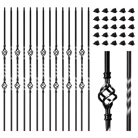 16 Pack Wrought Iron Balusters for Staircase Interior, 1/2" x 44" Hollow Deck Spindles Stair Railing Indoor with 32 Fixed Swivel Shoes, Metal Double Basket Decorative Stair - Matte Black