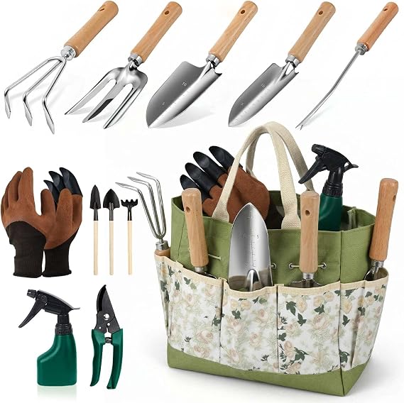 12 PCS Garden Tools Set, Gardening Plant Hand Tool Set with Wooden Handles & Durable Storage Tote Bag, Perfect Gardening Gifts for Women & Men, Heavy Duty Gardening Tools for Women Gift
