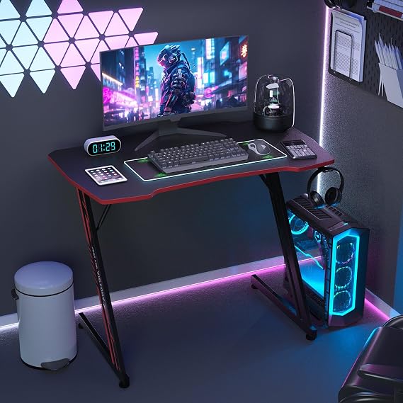 Gaming Desk, Computer Desk with Carbon Fiber Surface, Z Shaped Gaming Table PC Gaming Workstation Home Office Desks with Headphone Hook (39 inch, Red)