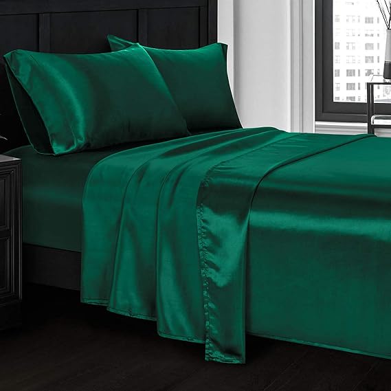 4 PC Satin Short Queen Size Bed Sheet Set 100% Soft Silk Satin Bed Sheet Set with High Thread Count 24'' Deep Pocket Super Soft & Luxury (Blackish Green)