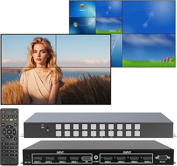 ICUIXIAN 4x4 Seamless HDMI Matrix Switch Multi-View Video Wall Controller 2x2 4K with HDMI2.0, HDCP2.2,18Gbps, Rs-232, Seamless Switching 4x4 Matrix Video Wall 2x2 (4 Input Video Wall Controller)