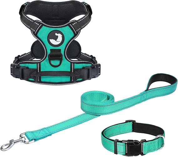 Joytale Dog Harness (Chest: 14-28"), Dog Collar and 6FT x 1" Wide Dog Leash Set, Reflective Padded Nylon Collar and Leash, Adjustable Soft Harness with Handle for Dogs
