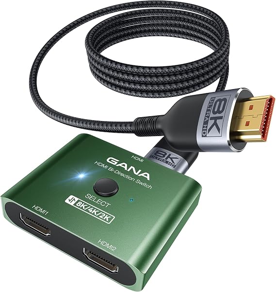 GANA HDMI 2.1 Switch, Ultra HD 8K Bi-Directional HDMI Splitter Switcher Support 4K@120Hz, 8K@60Hzwith 4.9FT HDMI Cable, Aluminum HDMI Selector for PS5/PS4, Xbox, Roku, TV, Fire Stick, Dark Green