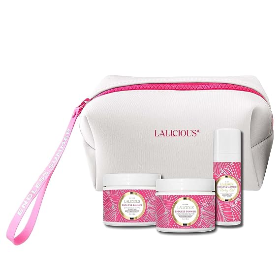 LALICIOUS Endless Summer Travel Body Care Set - Gentle Body Exfoliator Sugar Scrub + Hydrating Whipped Body Butter + Moisturizing Body Oil | Glowing Skin Essential Body Care Set