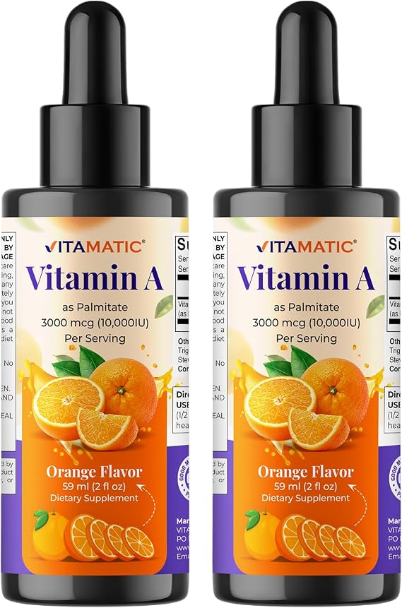 Vitamatic Sugar Free Vitamin A Liquid Drops 10000 IU (3000 mcg) as Retinyl Palmitate - Approximate 4 Months Supply - Immune Support, Eye Health, Skin Health - 2 FL OZ (59 ml) (2 Packs)