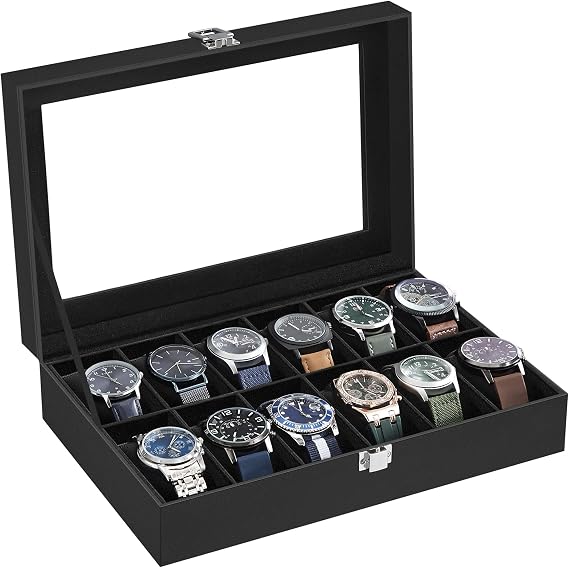 SONGMICS Watch Box, 12-Slot Watch Case with Large Glass Lid