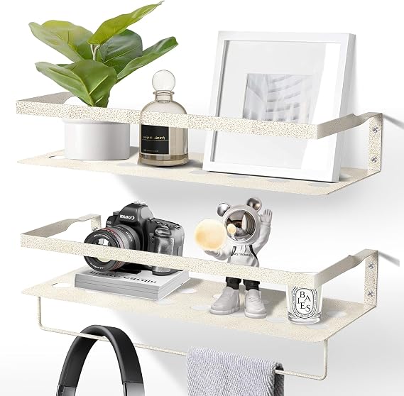Floating Shelves Metal Set of 2, Wall Mounted Storage Rack with Towel Rack