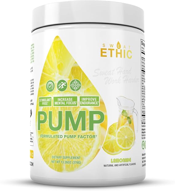 Sweat Ethic Pump Pre Workout Powder, Caffeine Free Pre Workout with Citrulline Malate, Betapower, Beta Alanine, Capros Indian Gooseberry, and Alpha Gpc, Easy to Mix, Lemonade Flavor, 42 Servings