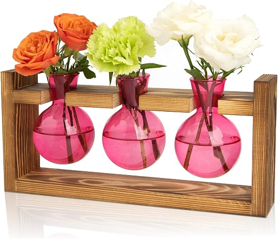 FLOWER Plant Terrarium Jar Propagation Station Stand 3 Pink Bulb Vases