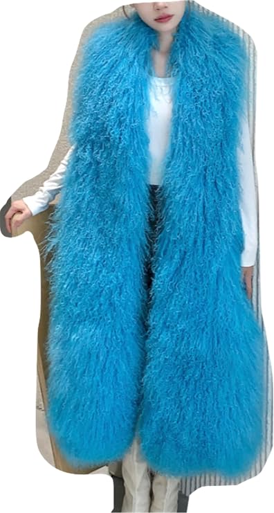 FURINFASHION JR-09 Women's Long Color Vest With Fluffy Mongolian Lamb Fur Coat Sexy Luxury Jacket (S, Blue)