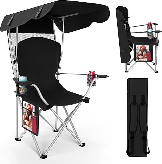 VTOY Portable Folding Camping Chair with Canopy, Outdoor Sun Shade Chair | Durable 600D Oxford Fabric, Ideal for Camping, Beach, Picnic, Fishing and Outdoor Sports