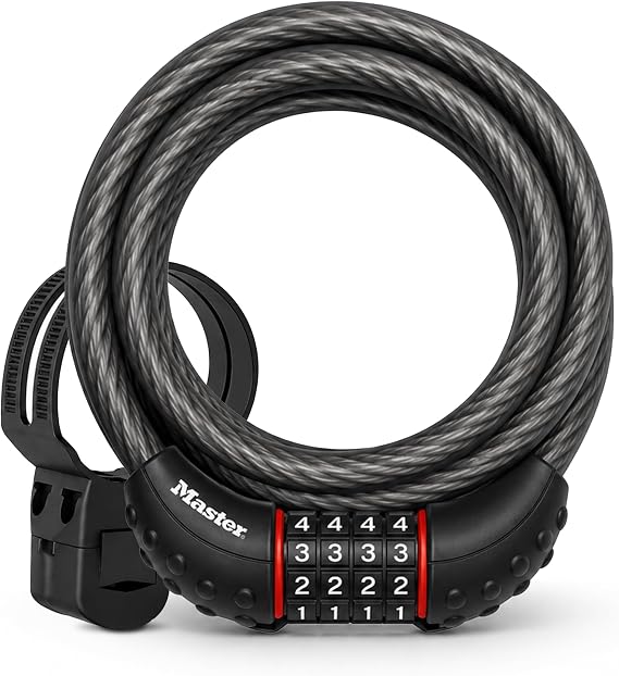 Master Lock 6 ft Cable Bike Lock 4-Digit Combination 1/2 in Diameter 8122D | Set Your Own Combination Bike Lock, Vinyl-coated Braided Steel Protects Bicycles, Scooters & Outdoor Equipment From Theft