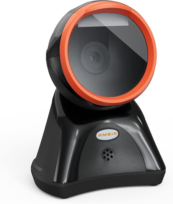 Ambir DB100 Hands Free Plug & Play Omni-Directional Desktop USB 1D, 2D and QR Barcode Scanner - Black/Orange