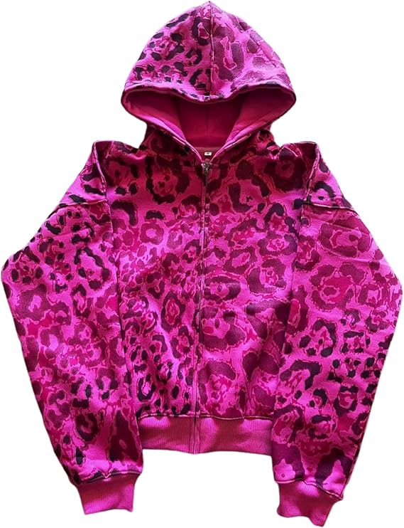 RICHTRUE Mcbling Cheetah Print Hoodie Y2k Grunge Zip Up Hoodie Women Leopard Print Tops Oversized Graphic Sweatshirts
