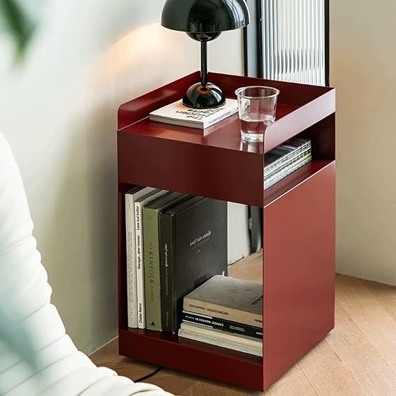 Modern Nightstand for Bedroom, Small Side Table with 3 Tier Storage & Wheels Metal End Table for Living Room Bedroom Small Spaces, Red