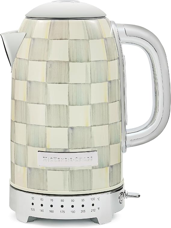 MACKENZIE-CHILDS Electric Kettle, 8 Cups, Gray-and-White Sterling Check | Hand-applied design, made from stainless steel with a chrome-plated handle, ideal for coffee, tea, and other hot beverages