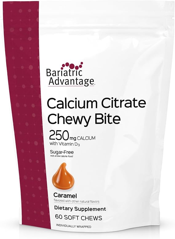 Bariatric Advantage Calcium Citrate Chewy Bites 250 mg with Vitamin D3 - Chewable Supplement for Bariatric Surgery Patients - Sugar-Free Calcium Chews - Caramel Flavor - 60 Count