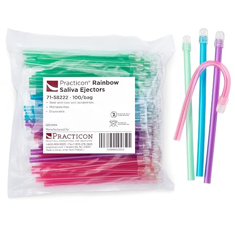 Practicon Rainbow Disposable Saliva Ejectors, 4 Assorted Bright Colors, Dental Evacuation Suction Tips, 100 Pack