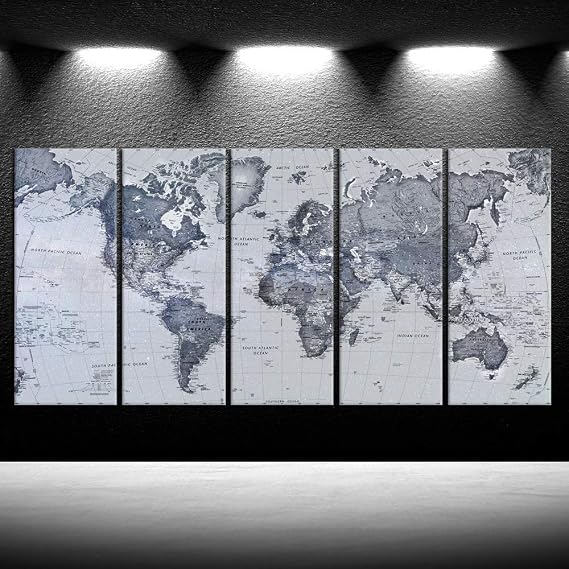 iKNOW FOTO 5 Pieces Vintage World Map Canvas Prints Push Pin Wall Art Decor Trace Travel Marks The Map of The World Antique Framed Picture for Living Room Office 16x40inx5