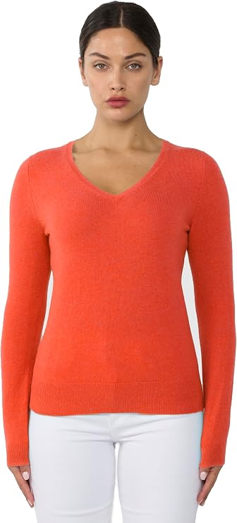 JENNIE LIU Women's 100% Pure Cashmere Long Sleeve Pullover V Neck Sweater
