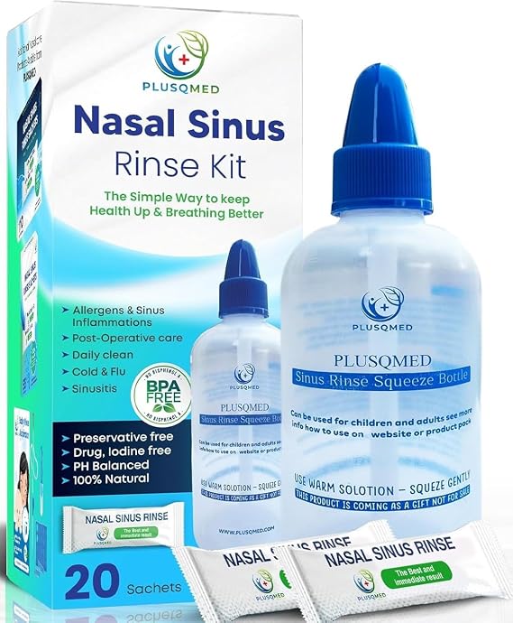 Sinus Rinse Kit, Squeeze Bottle, Neti Pot,+20 Salt sachets, Original Plusqmed,Nasal wash, Sinus Rinse, Adults, Children, Nose Shower for Nose Cleaning and Nasal Flushing,
