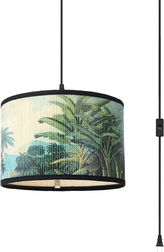 Bioaqua Boho Hanging Lamp Shade, Hanging Lights with Plug in Cord(15ft) | Bamboo Pendant Light with HD Pattern, Bohemian Indoor Swag Hanging Light Fixture for Bedroom Kitchen Living Room Decor