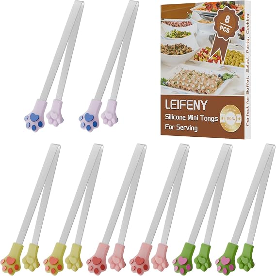 8PCS Silicone Mini Tongs, Cat Paw Shape Small Food Tongs for Kids