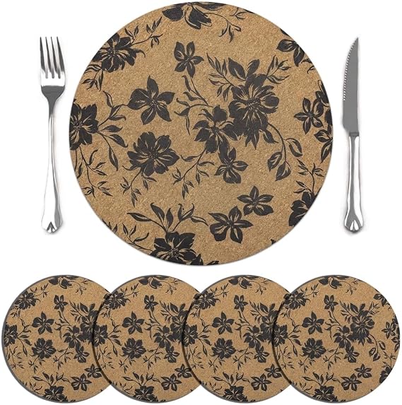comfoyar Boho Print Round Placemats Set of 4, 15x15 Inch Non-Slip Cork Place Mats with Rubber Back, Washable Waterproof Table Mats for Indoor Kitchen Dining Party Table Decoration
