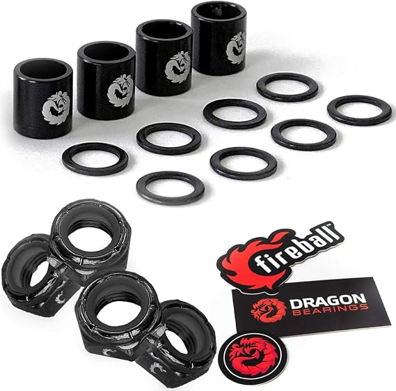 Fireball Dragon Spacer, Washer, and Axle Nut (Speed Kit) for Skateboard, Longboard & Cruiser - Spacers, Speed Rings + Axle Nut Set for Bearing Performance