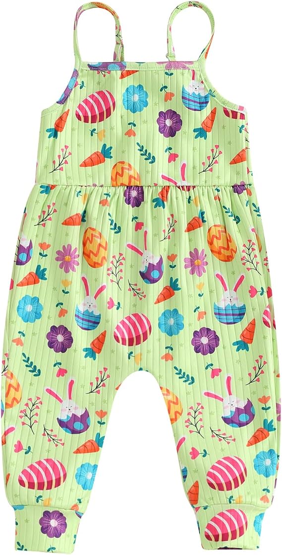 Toddler Baby Girl Easter Outfit Bunny Print Romper Bodysuit Sleeveless Jumpsuit Overalls Suspender Pants
