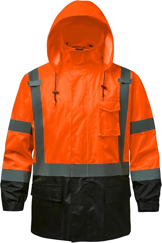 Reflective Rain jackets for men waterproof,Hi Vis Safety Coat With Reflective Strips,High Visibility Class 3 Rain jackets With 2 large pockets,Zipper,Black Bottom Orange,4XL/5XL