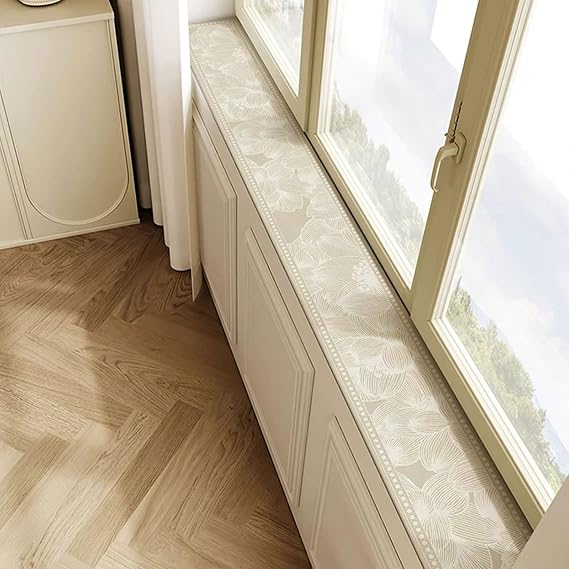 Floral Print Window Sill Mat, Ultra-Narrow Waterproof Pad for Bay Windows, Balcony Ledges, Floating Seats, Non-Slip, Cut-to-Size(Beige,8x59in)