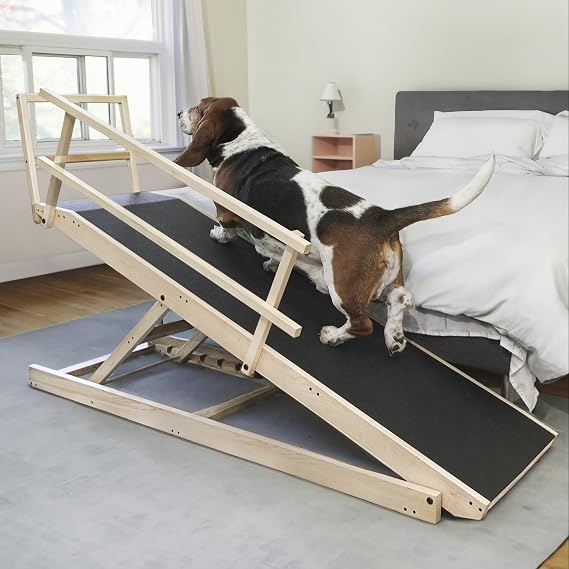 Large Dog Ramp for Bed, by DoggoRamps Extra Wide Dog Ramp for Large Dogs to Get on High Beds up to 35" Tall Wide Ramp with Rails, Platform & Non-Slip Grip Made in N America from Solid Hardwood