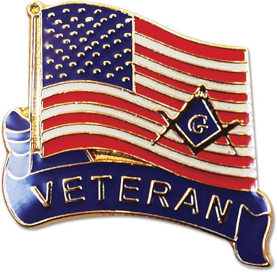 Veteran American Flag Square & Compass Masonic Lapel Pin - [Red & White][1'' Tall]