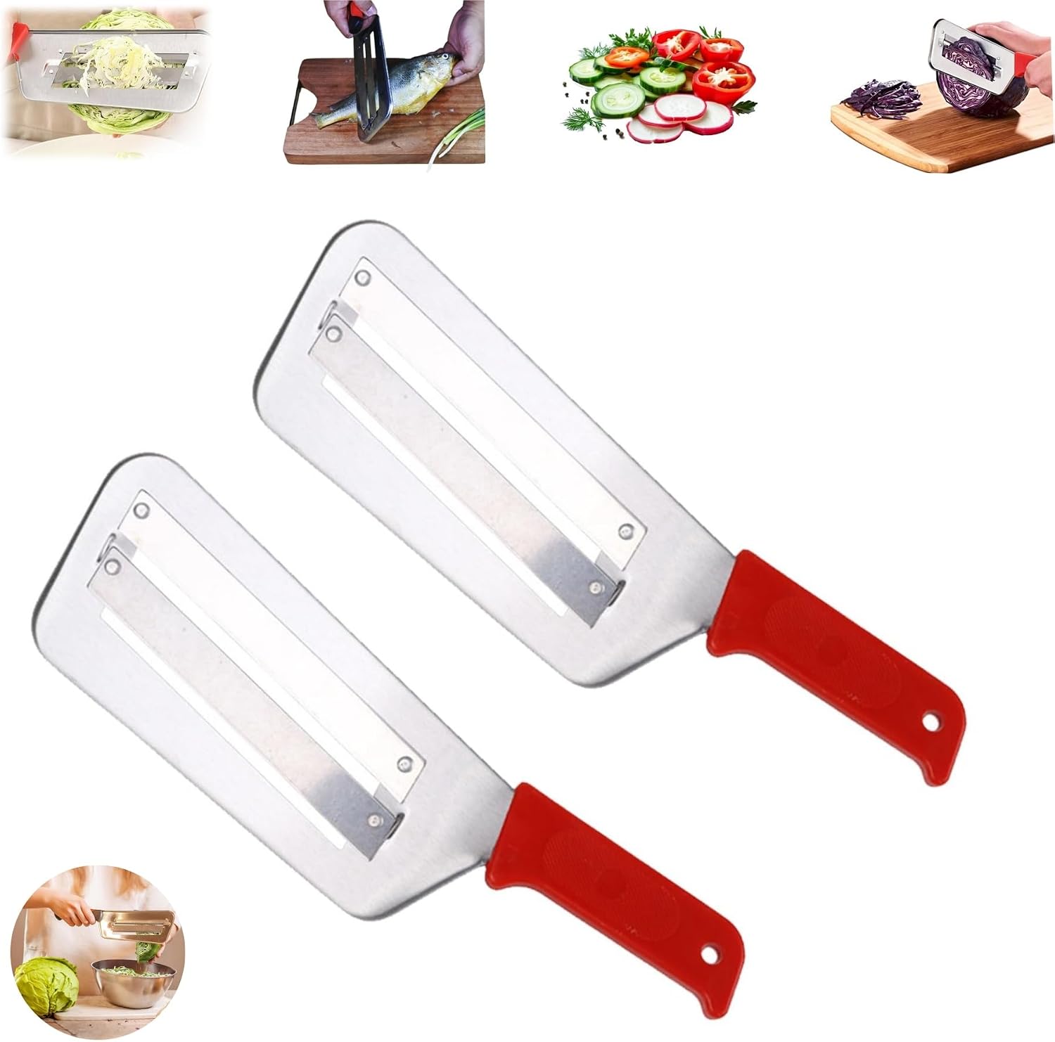 Multifunctional Vegetable Cutter,Double-layer Stainless Steel Shredder Slicer,Stainless Steel Double-layer Slicer,Cabbage Shredder Kitchen Knife Red-2PCS