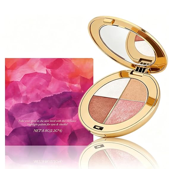 Eye & Cheek Palette - Eyeshadow and Highlighter Makeup, 4-In-1 Face Highlighter Palette for Women, Multi-Purpose Contour Blush and Glow with Mica and Silica, Long-Lasting Silky Texture Makeup Kit