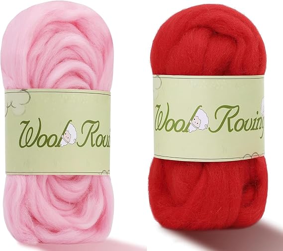 Wool Roving Yarn, 3.52oz Colored Natural Wool Roving,Wool Felting Supplies Pure Wool Chunky Yarn Wool for Needle Felting, Wet Felting, handcrafts and Spinning (Baby Pink+Red Color)