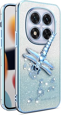 Diamond Glitter Case for Xiaomi Redmi Note 14 Pro, Luxury Plating Bling Sparkle Soft TPU Gradient with Dragonfly Kickstand for Women Girl Case Cover for Redmi Note 14 Pro.Dragonfly Blue