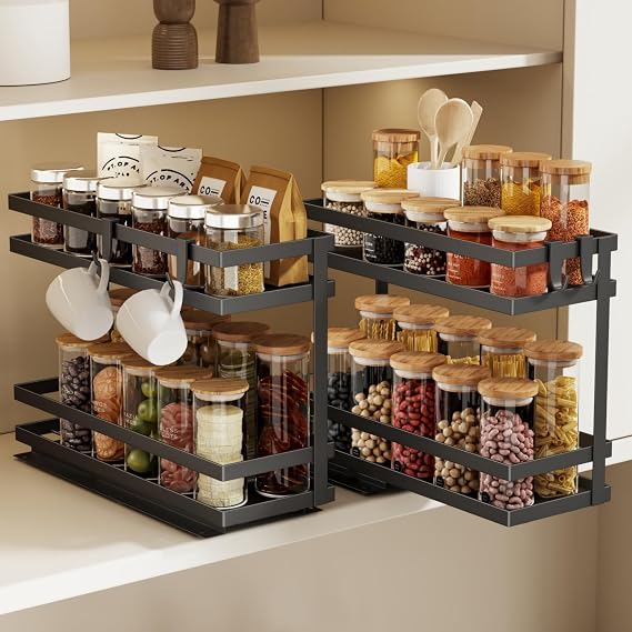 Magheo 2 Pack Pull Out Spice Rack for Cupboard, Heavy Duty Spice Organiser Inside Cupboard, 2 Tier Sliding Spice Storage Rack for Kitchen Cabinet No Drilling, Also Fits Countertop & Pantry (Black)