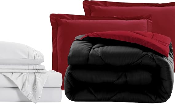 Elegant Comfort 7-Piece Twin Size Bed-in-a-Bag - Luxury 1500 Thread Count Comforter & Sheet Set, Cozy Bed Sheets and Comforter Set, Wrinkle and Stain Resistant, Black/Burgundy