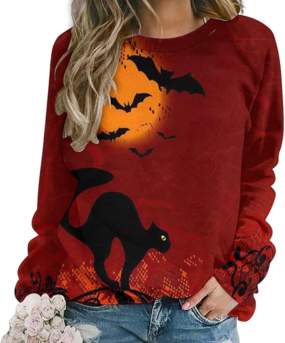 QANSI Women's Black Cat Sweatshirt Pullover Cute Cat Lover 3D Graphic Print Sweatshirts Crewneck Casual Loose Shirts