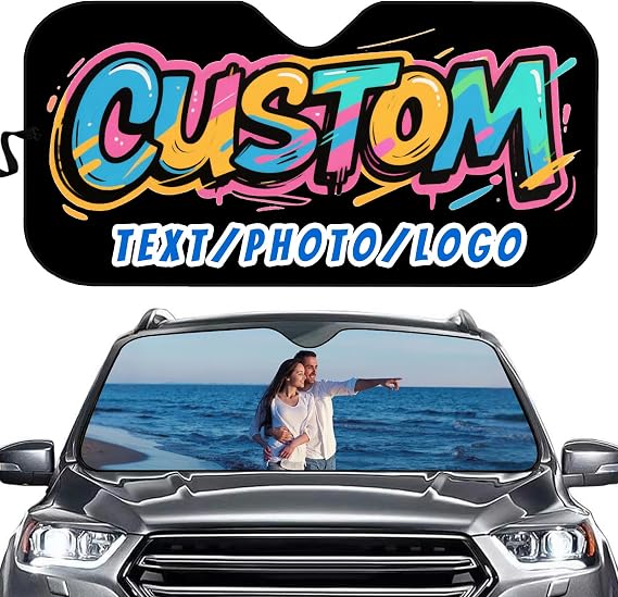 Custom Windshield Sun Shade, Personalized Car Sunshade | Foldable front window visor with custom photo, logo or text, UV protection for car windshield and summer parking