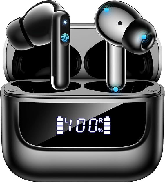 Wireless Earbuds Bluetooth 5.4, 6 Mic ENC Noise Cancelling Clear Call, in Ear Buds Deep Bass HiFi Stereo Sound, Big Dual LED Display 48H Playtime Earphones IPX7 Waterproof Headphones Android iOS Black