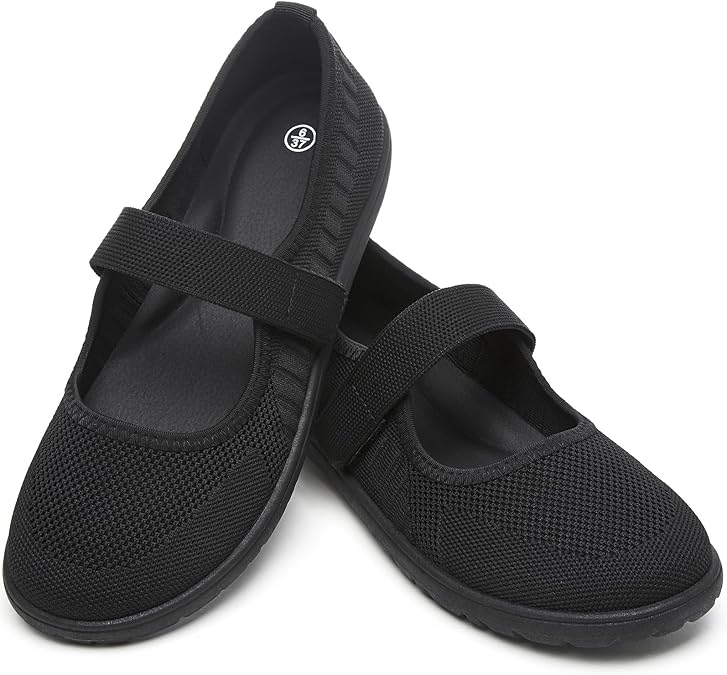 Waluzs Wide Toe Box Flats Shoes Women Knit Mary Jane Dress Shoes Wide