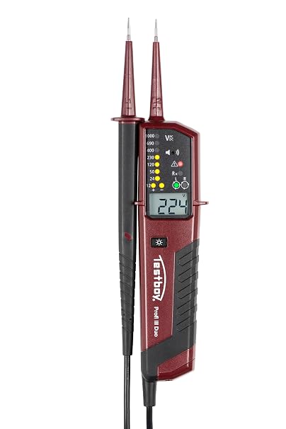 Testboy Profi III Duo Two-Pole Voltage Tester with Automatic Test Range Selection (Single-Pole Phase Search, Continuity Tester, Data Hold, LC Display and Measuring Point Lighting, One-Handed
